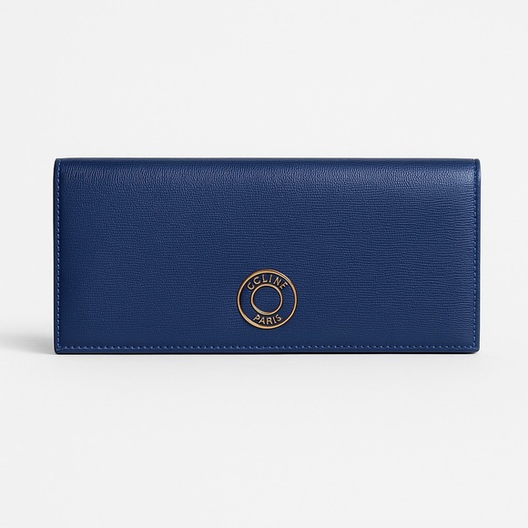 Celine Handbags - Celine Blue Leather Large Wallet Red Interior Continental Snap Italy